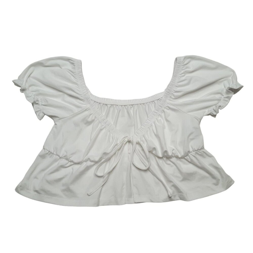 Effordram‎ Crop Top Womens Medium White Ruffle Front Tie V Neck Stretch
